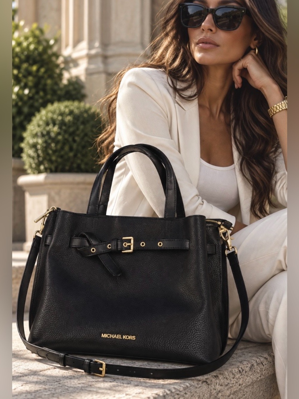 Michael Kors Emilia Large Pebbled Leather Satchel Black Leather Crossbody